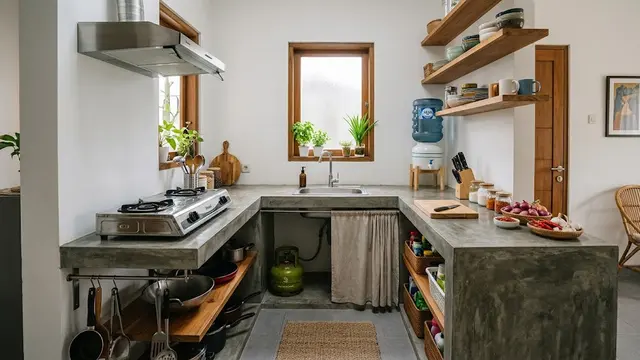 9 Desain Dapur dengan Meja Cor Berbentuk U untuk Rumah Tanpa Kitchen Set