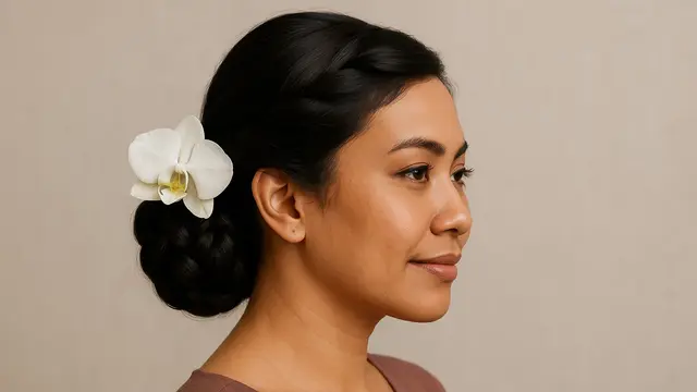 Model Rambut Sanggul Sederhana dengan Aksen Bunga untuk Rayakan 17 Agustus 2025 Kemerdekaan HUT RI ke-80/Ilustrasi AI