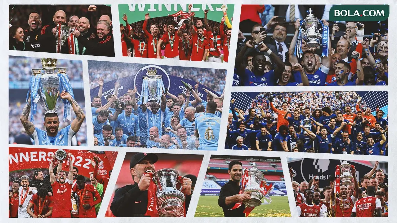 Kolase - Manchester United, Liverpool, Arsenal, Manchester City, Chelsea, suasana juara Premier League, Piala FA, atau Carabao Cup