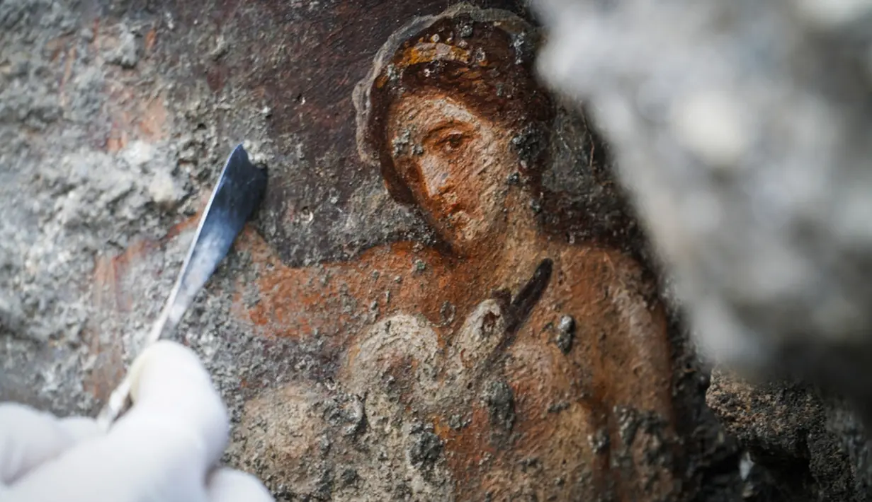 Temuan lukisan "Leda and the Swan" di reruntuhan kota kuno Pompeii, Italia 19 November 2018. Lukisan itu diyakini sebagai hiasan di ruangan kamar tidur milik orang kaya di sebuah rumah. (CESARE ABBATE/PRESS OFFICE OF THE POMPEII ARCHAEOLOGICAL PARK/AFP)