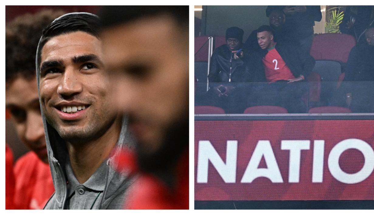 Pemain Real Madrid, Kylian Mbappe kedapatan menonton langsung laga Grup A Piala Afrika 2025 antara Maroko melawan Mali di Prince Moulay Abdellah Stadium, Rabat, Maroko, Jumat (26/12/2025) malam waktu setempat. (Foto Kolase: AFP/Gabriel Bouys)