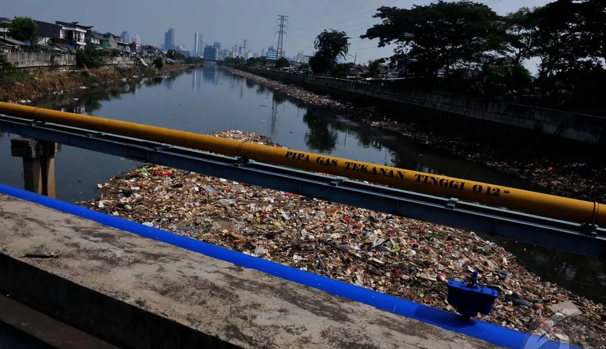 Sampah yang terbawa aliran Kali Banjir Kanal Barat menumpuk di wilayah Roxy, Jakarta Pusat, Jumat (31/10/14). (Liputan6.com/Johan Tallo)