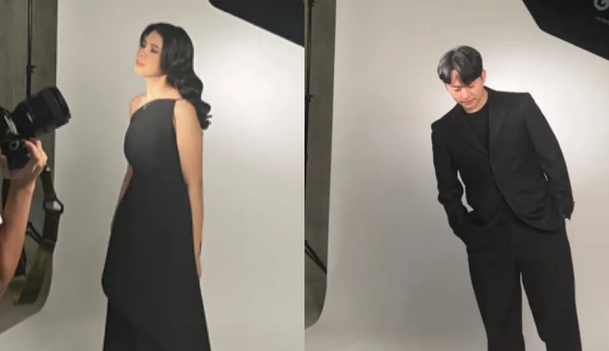 Pemotretan kedua yang dilakukan di studio, kedua tampak mengenakan pakaian serba hitam. Rachell dibalut dress panjang one shoulder dengan rambut terurai.  [Twitter/@rachellyahya]