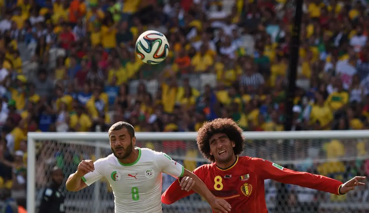 Gelandang Aljazair, Medhi Lacen (kiri) dan Marouane Fellaini (Belgia) berebut penguasaan bola saat berlaga di penyisihan Piala Dunia Grup H di Stadion Mineirao, Belo Horizonte, Brasil, (17/6/2014). (AFP PHOTO/Christophe Simon)