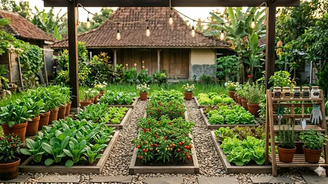 Desain Edible Garden Gaya Rustic di Halaman Belakang Rumah Desa.