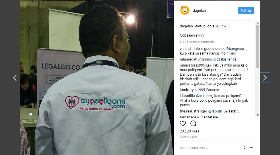 	Orang mengenakan kemeja bertuliskan AyoPoligami.com (Sumber: Instagram/ @dagelan)