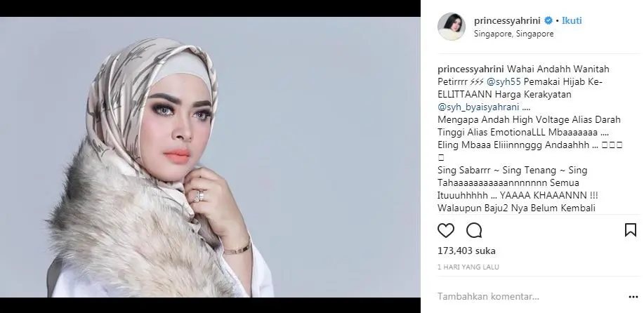 Syahrini mengingatkan adiknya untuk bersabar dan jangan emosi terkait bajunya yang tak dikembalikan (Instagram/@princessyahrini)