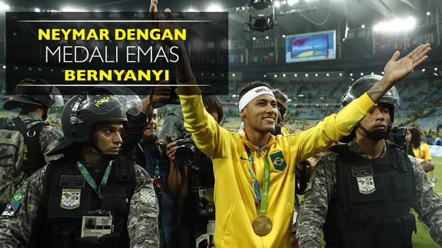 Video bintang sepak bola Brasil, Neymar, dengan kalung medali emas bernyanyi bersama atlet voli.