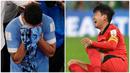Foto kolase ekspresi tangisan dua pemain bintang Son Heung-min (kanan) dan Luis Suarez mewarnai laga pamungkas grup H Piala Dunia 2022, Jumat (2/12/2022). (Foto-foto: AFP/Glyn Kirk, AP Photo/Aijaz Rahi)