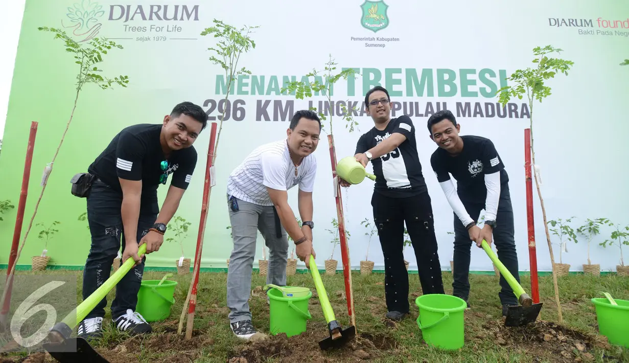 Band Wali  secara simbolis menanaman trembesi 296 km lingkar pulau Madura, Jawa Timur, Rabu (23/11/2016). Djarum Trees For Life (DTFL), melanjutkan penyelesaian program "Penghijauan 296 KM Lingkar Pulau Madura".(Liputan6.com/Herman Zakharia)