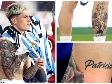 Kolase foto tato milik pemain Argentina, Alejandro Garnacho saat laga FIFA Matchday melawan Timnas Indonesia di Stadion Utama Gelora Bung Karno (SUGBK), Senayan, Jakarta, Senin (19/06/2023). (Bola.com/Bagaskara Lazuardi)