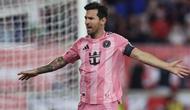 Lionel Messi #10 dari Inter Miami CF merayakan gol keempat timnya dalam pertandingan MLS antara New York Red Bulls dan Inter Miami CF di Stadion Sports Illustrated pada 20 Juli 2025 di Harrison, New Jersey. (Ira L. Black/Getty Images via AFP)