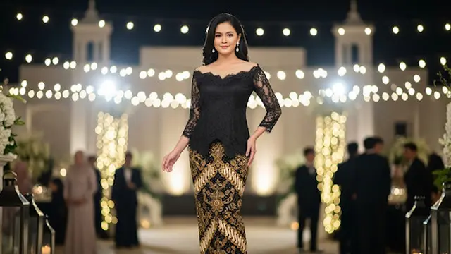 Dress Batik Brokat Hitam Emas dengan Detail Sabrina