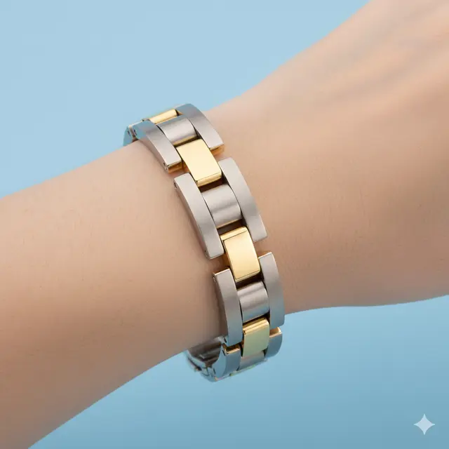 Model Gelang Rantai Emas Kombinasi Titanium untuk Gaya Modern. Gemini