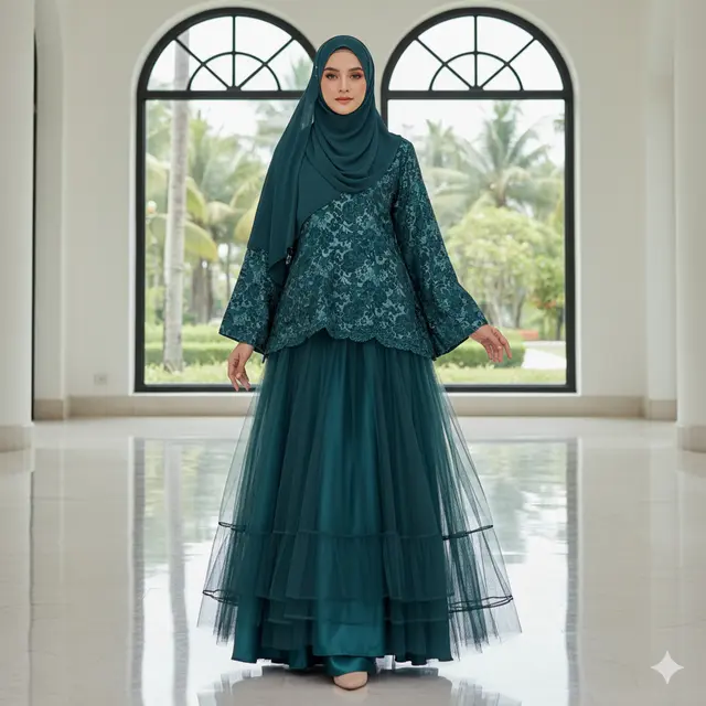 Wanita mengenakan abaya tosca (Gemini AI)