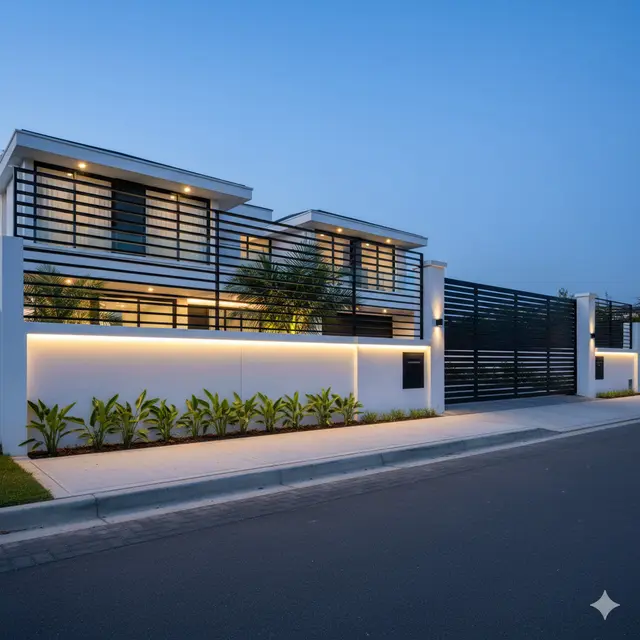Desain Pagar Rumah dengan Kombinasi Besi dan Tembok. Gemini