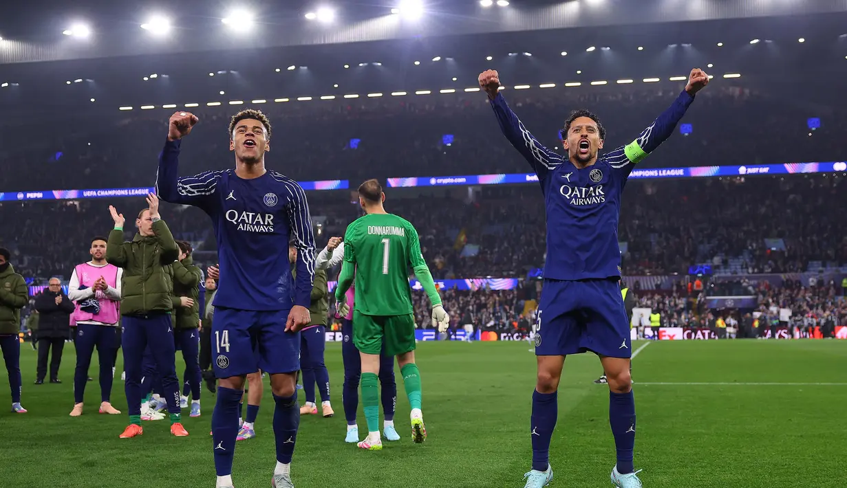 Meski berhasil mengalahkan Paris Saint-Germain pada laga kandang, Aston Villa tetap tersingkir dari Liga Champions 2024/2025. Sementara, Paris Saint-Germain lolos ke semifinal usai menang agregat 5-4 (3-1 dan 2-3). Sebelumnya, pada leg kedua perempat final Liga Champions 2024/2025, Paris Saint-Germain menang 3-1 atas Aston Villa. (FRANCK FIFE/AFP)