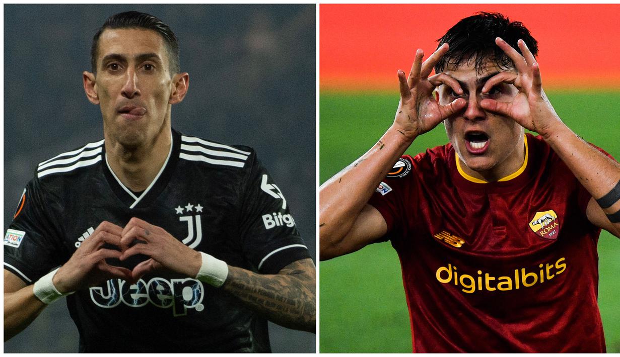 Foto kolase selebrasi pemain Juventus Angel Di Maria (kiri) setelah mencetak hattrick ke gawang Nantes dan selebrasi pemain AS Roma, Paulo Dybala (kanan) setelah mencetak gol penentu saat menjamu Salzburg dalam laga leg kedua play-off babak Liga Europa 2022/2023, Jumat (24/2/2023). (AP Photo/Mathieu Pattier, AFP/Filippo Monteforte)