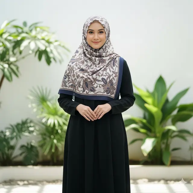 Dress Hitam dengan Hijab Bermotif
