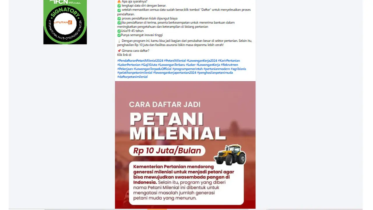 Tangkapan layar  klaim link pendaftaran petani milenial 2024 bergaji Rp 10 juta