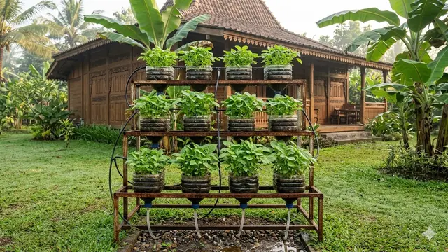 Ide Kebun Vertikal dari Galon Air Mineral Bekas. AI