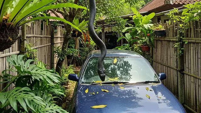Ular menggantung di depan mobil