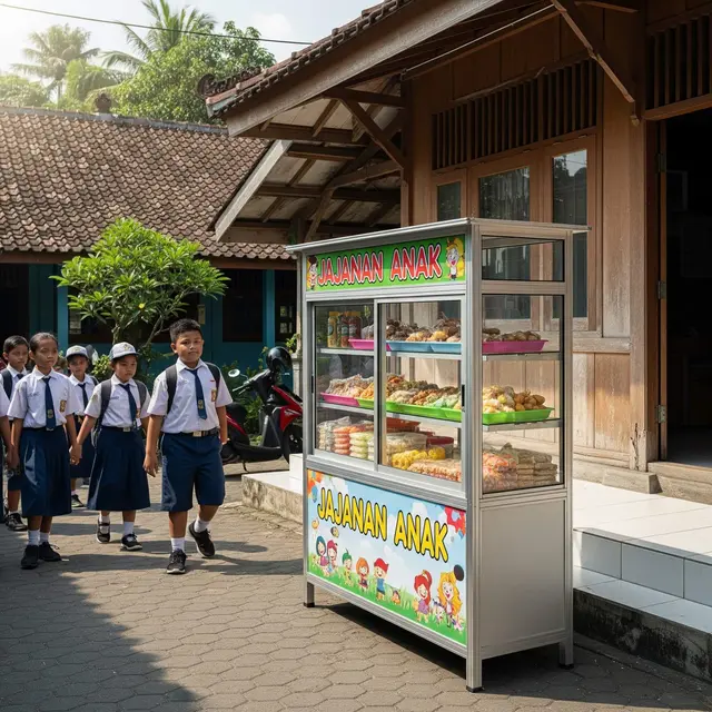 Desain Warung Jajan Anak Depan Rumah dengan Etalase Aluminium