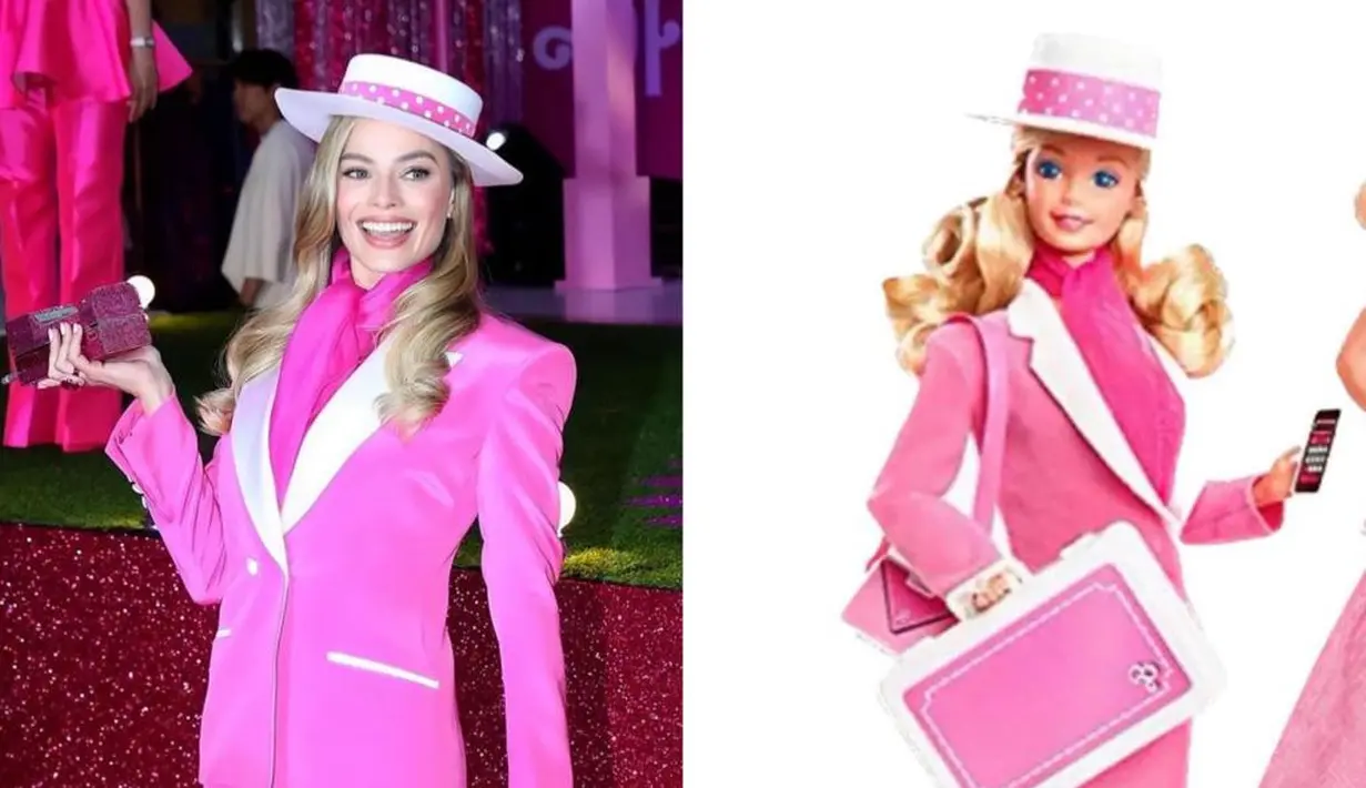 Pada premiere film Barbie di Korea Selatan, Margot Robbie hadir dalam set blazer pink lengkap serba pink dari  koleksi Versace La Medusa.