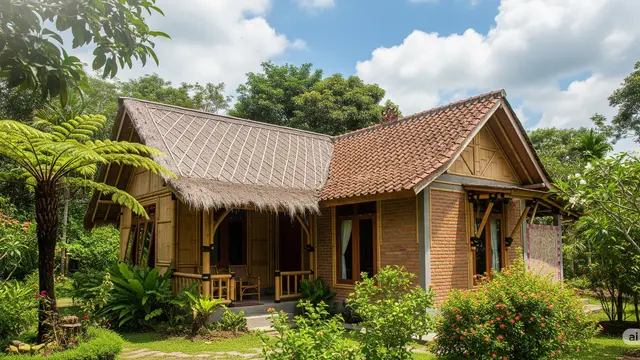Model Rumah Sederhana dari Bambu dan Batako Dengan Kombinasi Atap Jerami dan Genteng/Ilustrasi AI