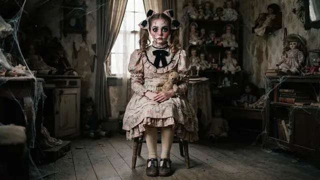 Boneka Horor dengan Gaun Vintage