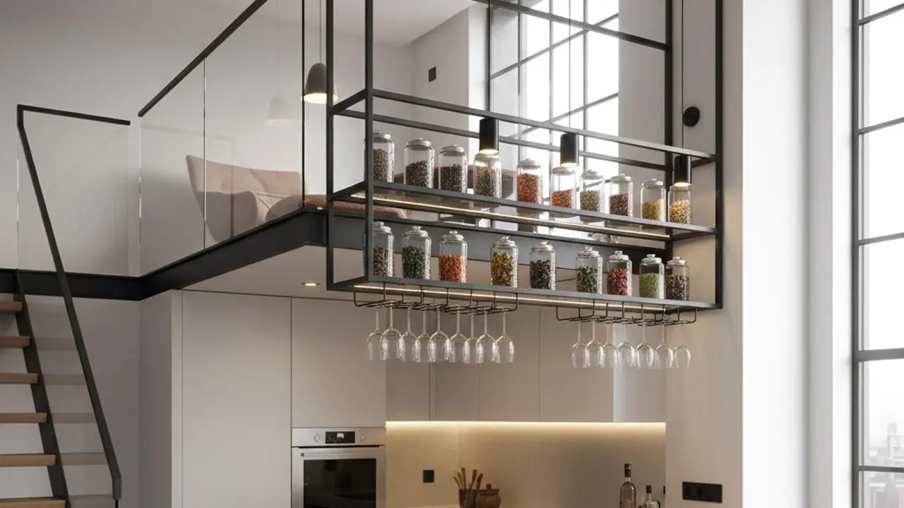 Ide Dapur Mezzanine Mungil dengan Rak Gantung Multifungsi Tren 2025. Gemini