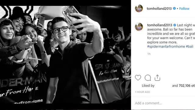 Tom Holland di Bali (Instagram/ tomholland2013)