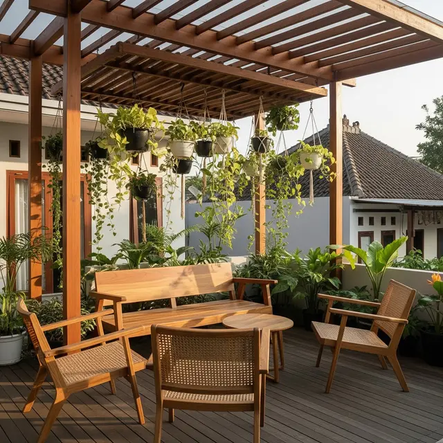 Model Teras Rumah Kecil dengan Kanopi Kayu dan Taman Gantung