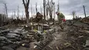 Seorang pencari ranjau dari Kementerian Dalam Negeri Ukraina mengumpulkan selongsong peluru, granat, dan perangkat lain yang belum meledak di Hostomel, dekat Kiev, Ukraina, 18 April 2022. (AP Photo/Efrem Lukatsky)