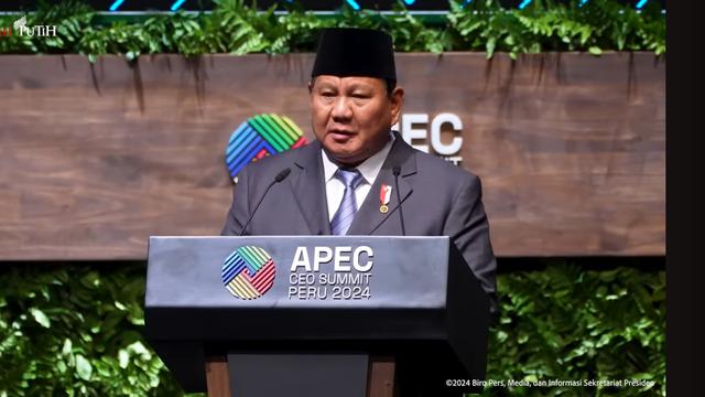 Presiden RI Prabowo Subianto saat menjadi pembicara kunci dalam Konferensi Tingkat Tinggi (KTT) Asia-Pasific Economic Cooperation (APEC) CEO Summit di Lima, Peru, Kamis, 14 November 2024.