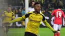 Lima musim membela Borussia Dortmund di Liga Jerman sejak awal musim 2013/2014 hingga tengah musim 2017/2018, Pierre-Emerick Aubameyang mampu mencetak total 141 gol dan 36 assist dari 213 laga di semua ajang kompetisi, termasuk 6 kali hattrick, di mana tiga di antaranya dibuat di Liga Jerman dan sisanya masing-masing diciptakan di Liga Champions, Liga Europa dan DFB Pokal. (AFP/John MacDougall)