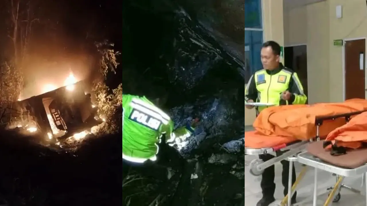 Tak kuat menanjak, sebuah bus terjung ke jurang dan terbakar di Pesisir Barat, Lampung,  3 orang dinyatakan tewas. Foto : (Istimewa).