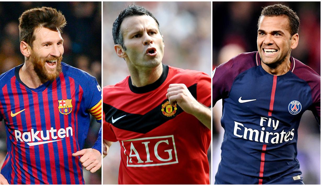 Legenda hidup Manchester United, Ryan Giggs, menjadi pemain dengan catatan trofi terbanyak di Eropa yaitu dengan 35 Trofi. Berikut deretan pemain yang terdaftar dalam peraih trofi terbanyak di Eropa. (Foto Kolase AFP)