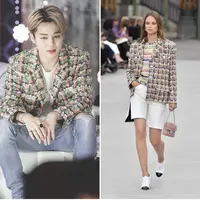 Jimin menganakan blazer bermotif dari brand Chanel yang dipadukan dengan denim (Instagram @btscloset1)