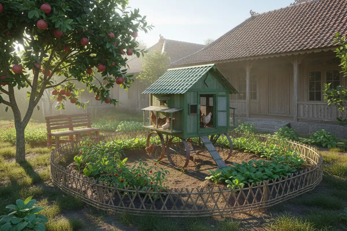 Model Halaman Belakang Rumah di Desa untuk Ternak Kecil. AI