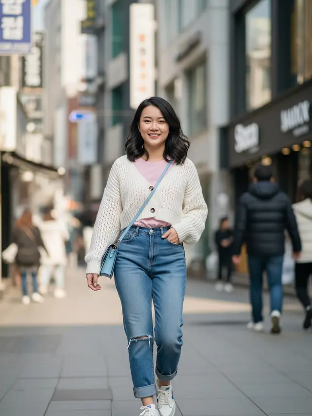 Crop Cardigan dan High-Waist Jeans