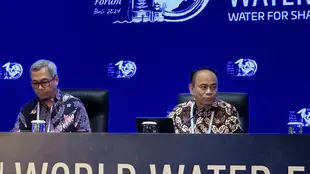 Menteri Komunikasi dan Informatika (Menkominfo) RI Budi Arie Setiadi dalam Konferensi Pers di Media Center World Water Forum, Bali, Minggu (19/5/2024). (Liputan6/Benedikta Miranti)