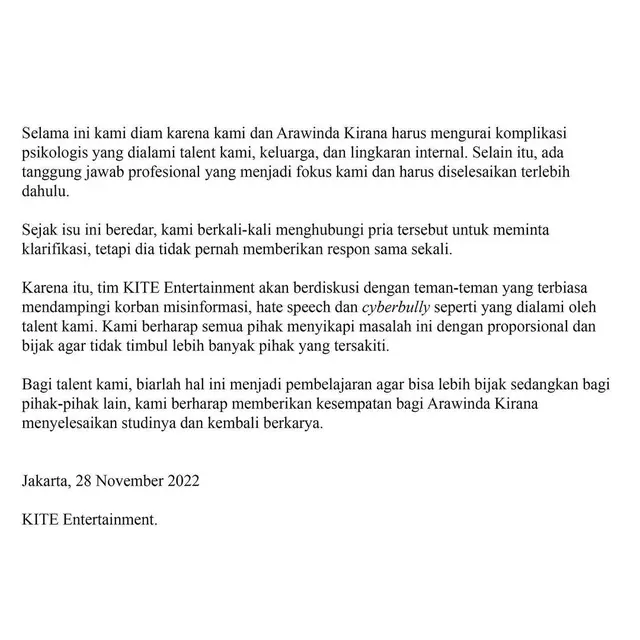 Klarifikasi Kite Entertainment soal Arawinda Kirana dituding pelakor. (Foto: Dok. Instagram @kite.entertainment)