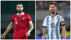 Foto kolase pemain timnas Indonesia, Jordi Amat (kiri), dalam pertandingan uji coba FIFA Matchday melawan timnas Burundi yang berlangsung di stadion Patriot Candrabhaga, Bekasi, Sabtu (25/3/2023). Dan ekspresi pemain Timnas Argentina, Lionel Messi dalam pertandingan uji coba FIFA Matchday melawan timnas Panama yang berlangsung di stadion Monumental, Sabtu (25/3/2023). (Bola.com/Bagaskara Lazuardi, AFP/Juan Mabromata)