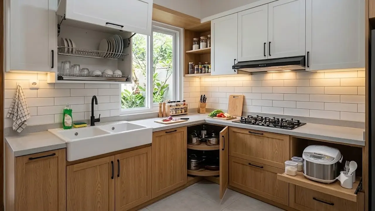 Model Kitchen Set dengan Rak Piring Tarik dan Tempat Rice Cooker
