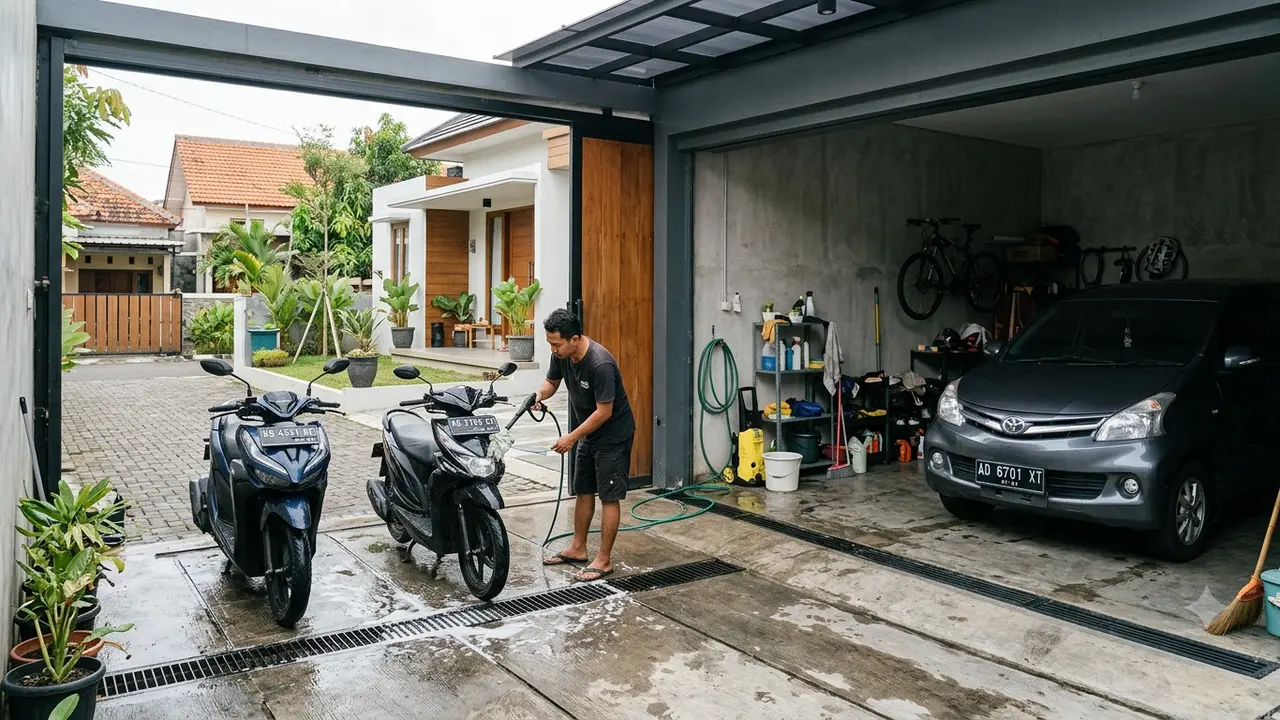 Tempat Cuci Motor yang Menyatu dengan Garasi