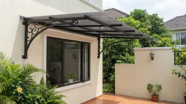 Desain kanopi di luar jendela kamar anti-tampias untuk cegah bocor di musim hujan model dengan penyangga besi
