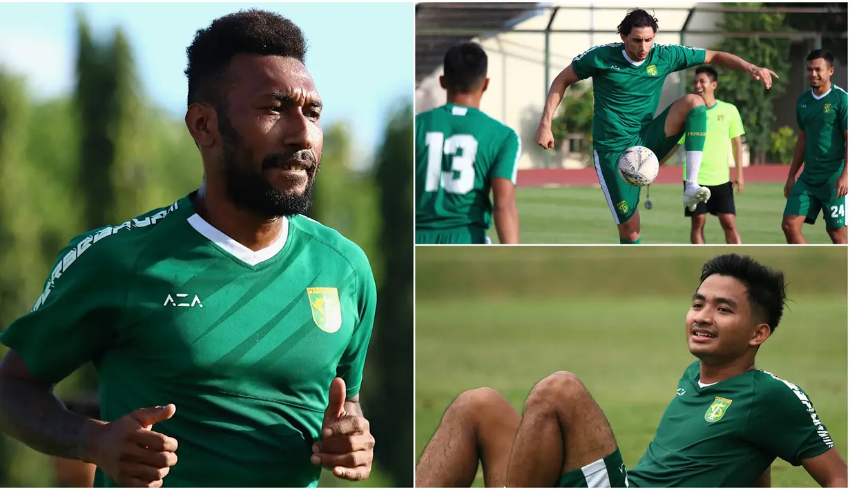 Para pemain baru Persebaya Surabaya tampak antusias saat mengikuti pemusatan latihan jelang bergulirnya Liga 1 Indonesia 2020. Mulai dari pemain asing Zoubairou Garba hingga Patrich Wanggai tampak fokus berlatih bersama Green Force. (Bola.com/Aditya Wany)