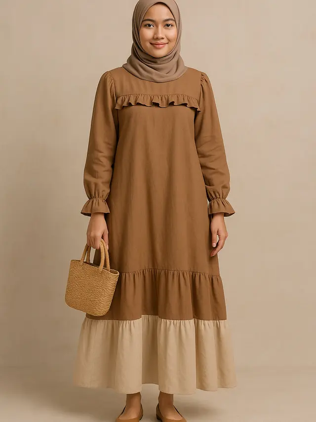 Gamis Ruffle Kombinasi Earth Tone (Foto: ChatGPT)