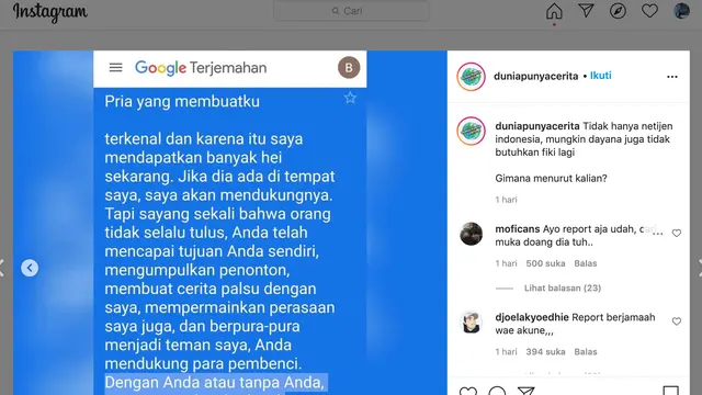 Unggahan akun Dunia Punya Cerita soal Dayana. (Foto: Instagram @duniapunyacerita)
